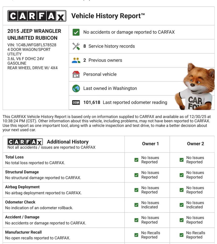 
								2015 Jeep Wrangler Unlimited Rubicon — Hard Top — 2 Owners — No Accidents — Title in Hand full									