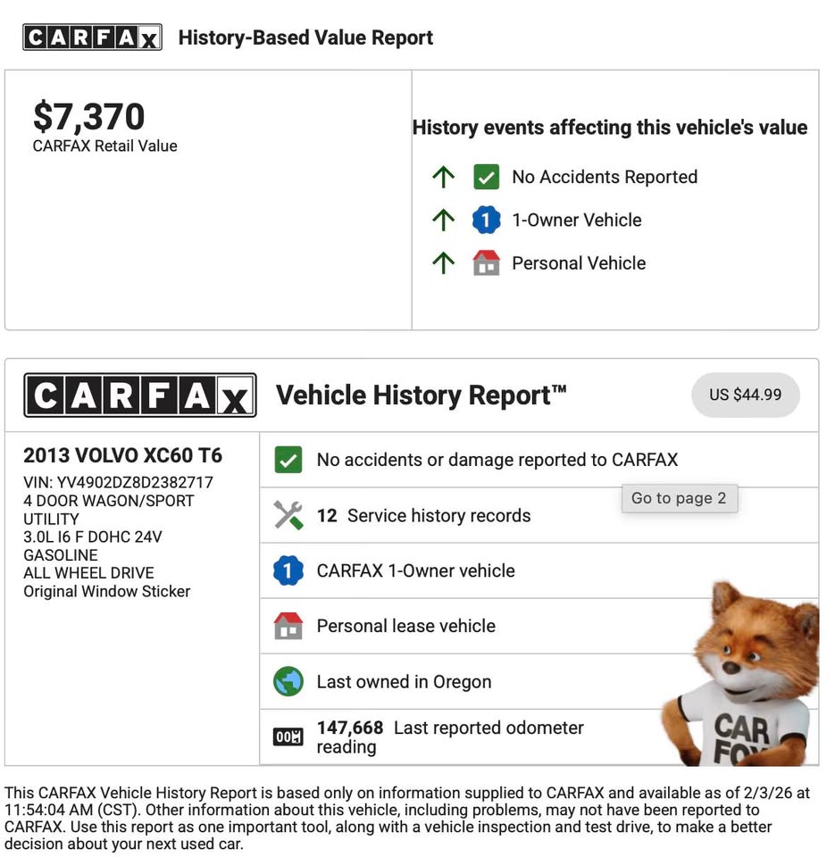 
								2013 Volvo XC60 T6 Platinum AWD — 147,700 mi — 1 Local Owner (Oregon) — No Open Recalls full									