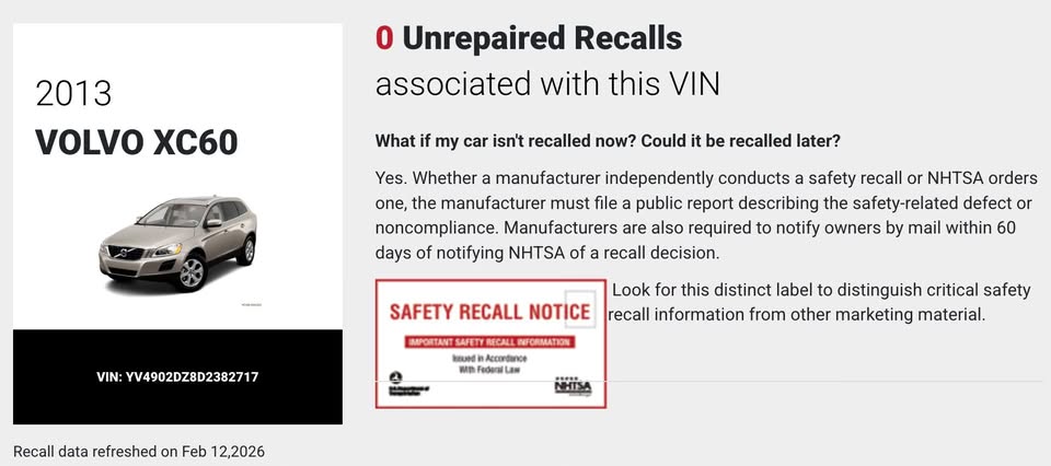 
								2013 Volvo XC60 T6 Platinum AWD — 147,700 mi — 1 Local Owner (Oregon) — No Open Recalls full									